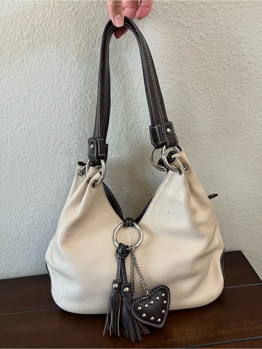 Italian Cream and Dark Brown Leather Shoulder Bag with Tassel Heart Charm